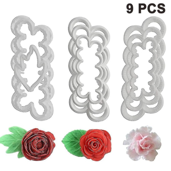 9 stk Fondant Icing Verktøy, 9 stk Roser Nellik Peon 3d Kronblad Cutter