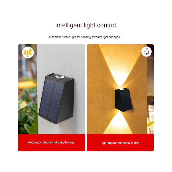 2 LED utendørs vegglampe vanntett solcelledrevet utendørs omgivelsesbelysning varmt hvitt lys hagelys O