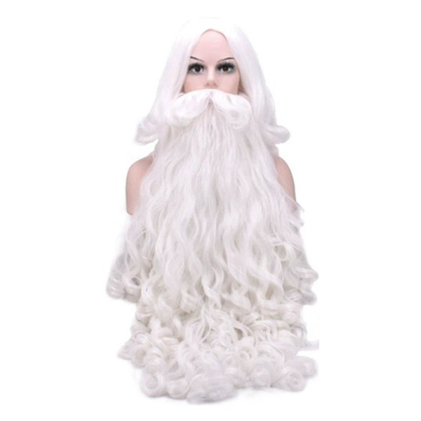 Jul Cosplay Peruk Skägg Tomteskägg Peruk Vit Lockig Lång Syntetiskt Hår Vuxen Cosplay