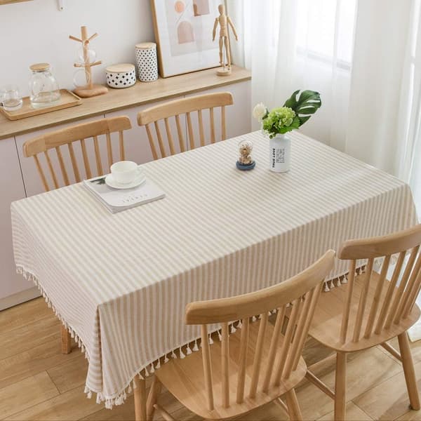 Cotton Linen Tablecloth Striped Tassel Square Table Cloth Dust-proof Table Cover for Kitchen Dining Table Decoration (140cm x 140cm, Beige)