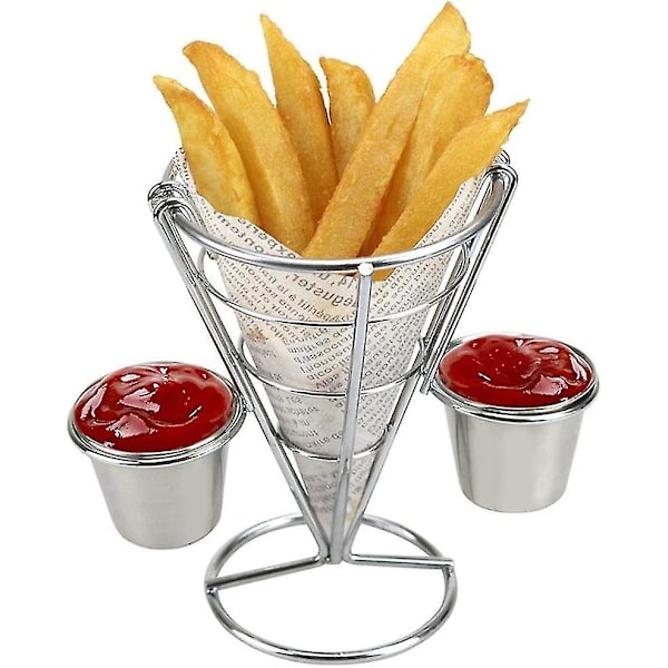 Pommes frites kegleholder, cornet-holder med saucekop til hjemmefester, picnics