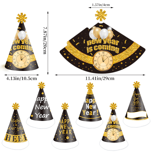 12 stk 2025 Godt Nyttår Tema Papirhatt for Godt Nyttår Kjeglehatt Nyttårsfest Tilbehør (29*20cm)