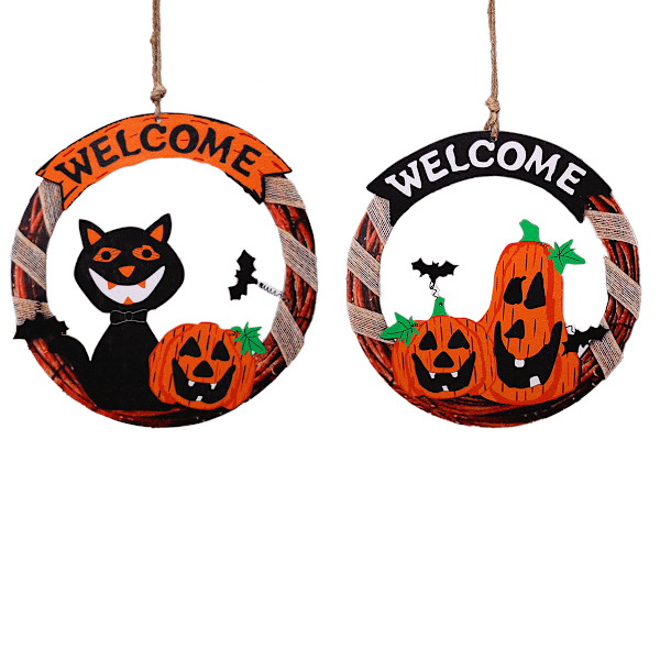 2 kpl Halloween-koristeita Halloween-kurpitsa-kissan puinen seinäkoriste Halloween-kurpitsa-riipusmerkki Halloween-seinämerkki