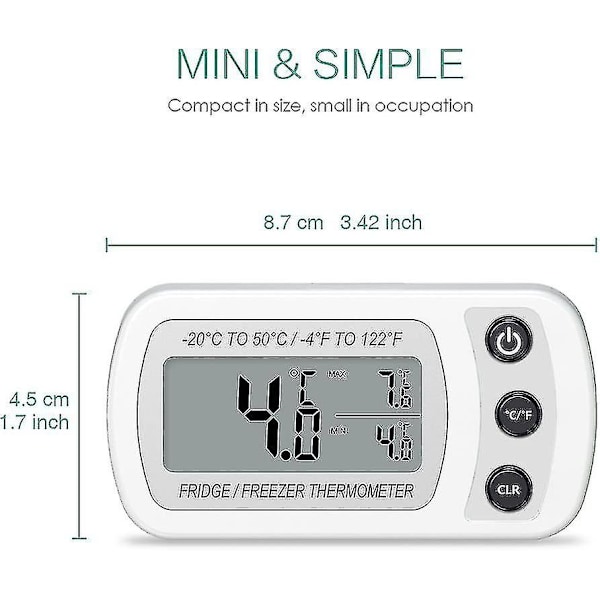 Kjøleskapstermometer, digitalt frysetermometer, vanntett kjøleskapstermometer med maks/min-funksjon, krok, lettlest LCD-skjerm, for hjemmet