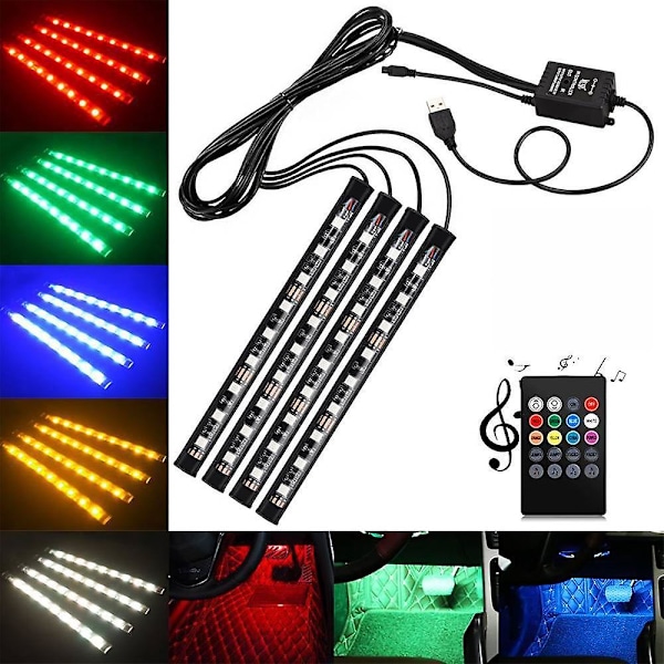 4x Dc12v 9 Led Rgb Bil Interiør Atmosfære Fotbrønn Strip Lys Usb Lader