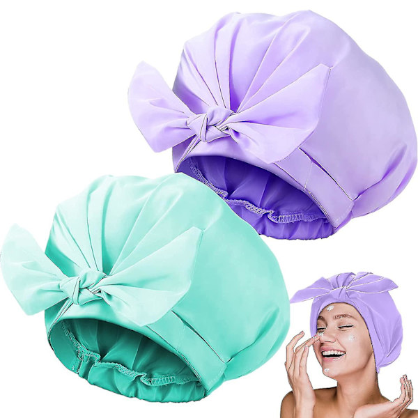 2 Pieces Shower Caps Adjustable Bow-knot Bath Hair Caps Reusable Waterproof Turban Shower Hat Bath Cap