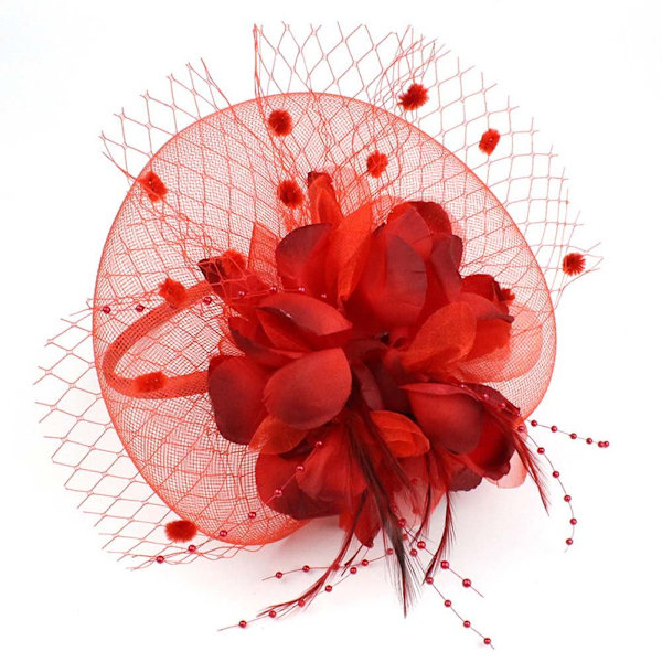 Fortryllende store blomsterhodebånd med mesh-hodebånd, cocktailpartyhatter, jenter, sjarmerende kvinner, røde mesh-hårklemmer
