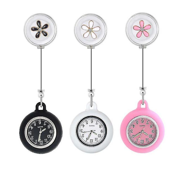 Sygeplejerske Lapel Ur Stetoskop Lapel Fob Læge Sygeplejerske Ur Silikon Dæk Badge Stetoskop Tilbagetrækbart Fob Ur (3 stk., Sort+hvid+rosa) -t