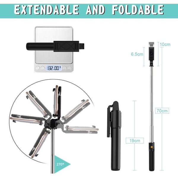 Bluetooth Selfie Stick med Stativ og Fjernkontroll for iPhone Samsung Huawei