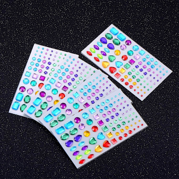 Selvklæbende Rhinestone Sticker Bling Craft Juveler Krystal Gem Stickers, Assorteret Størrelse, 5 Ark (