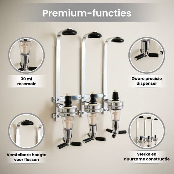 DIVERZA Väggmonterad spritdispenser för 3 flaskor, barbutler i metall med doseringsmått för hemmabar och presenter