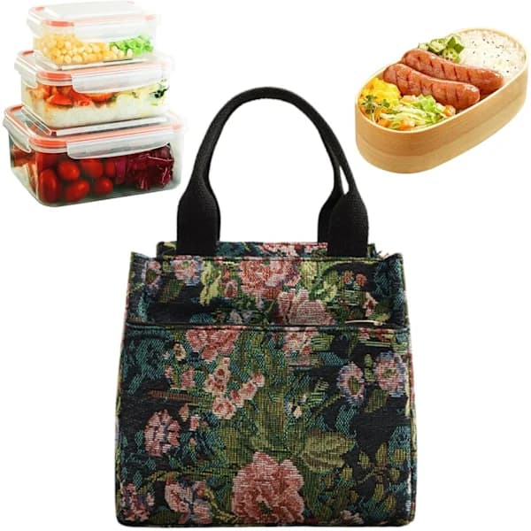 Isolert matpose for kvinner, vanntett polyester blomstret matoppbevaringsveske for jobb, reise, kontor, 22 x 19,5 cm