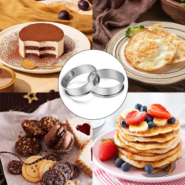 Runde kageforme sæt med 12, non-stick dessertforme i rustfrit stål til kager, bagværk og sandwiches, sølv 8,5 cm