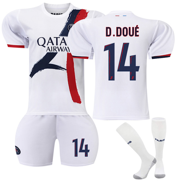 2024-2025 Paris Saint-Germain Vieraslasten aikuisten valkoinen jalkapallopaita-setti sukilla No.14 D.Doue 16