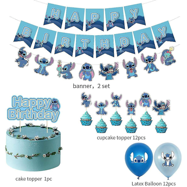 Lilo og Stitch fødselsdagsfest dekoration, Stitch fødselsdag banner kage toppers balloner, Stitch tema fødselsdagsfest dekorationer