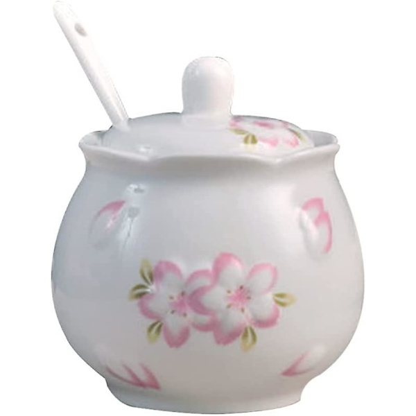 Keramisk sukkerskål med låg og skeer, porcelænsbeholdere til krydderier, saltbeholder