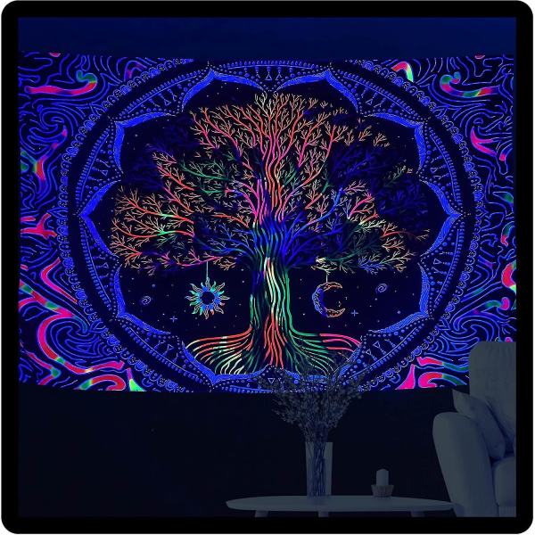 Puun Elämän Musta Fluoresoiva Psykedeelinen Metsäseinävaate Esteettinen Tähtitaivas Luonnon Seinävaate (37 X 29 Tuumaa)