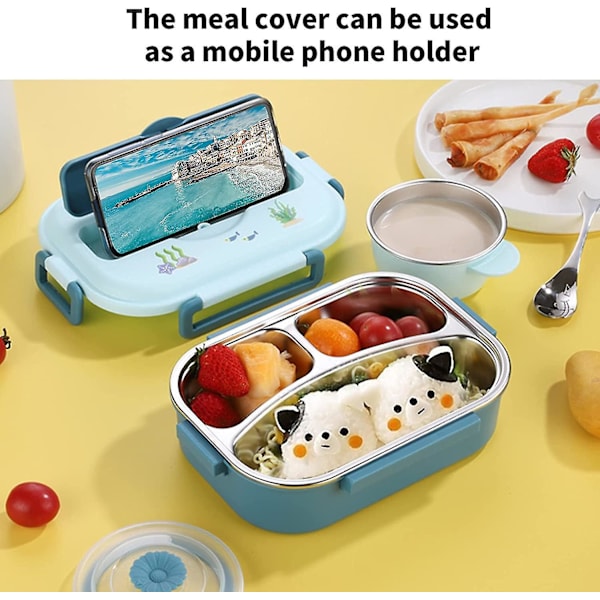 Metall lunchlåda med 3 fack, läckagesäker bärbar Bento-låda med soppskål (blå)