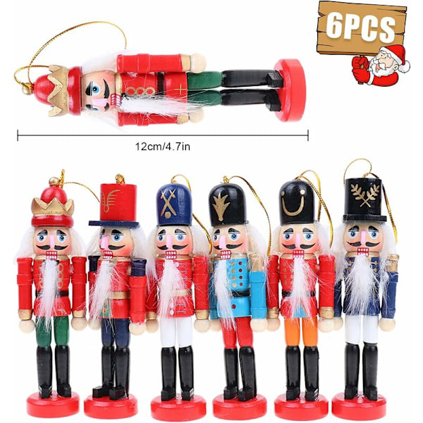 6-pack Trä Nötknäppare Ornament - 12cm Julgranssoldat Dekor