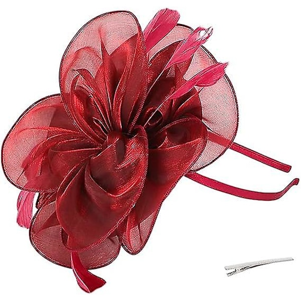 Sulkahöyhenkoriste naisille ja tytöille Kukka Organza Derby Hat Ascot Hatut Elegantti Cocktail Tea Party Hat Headwear Klipsillä ja hiuspannalla (viininpunainen)