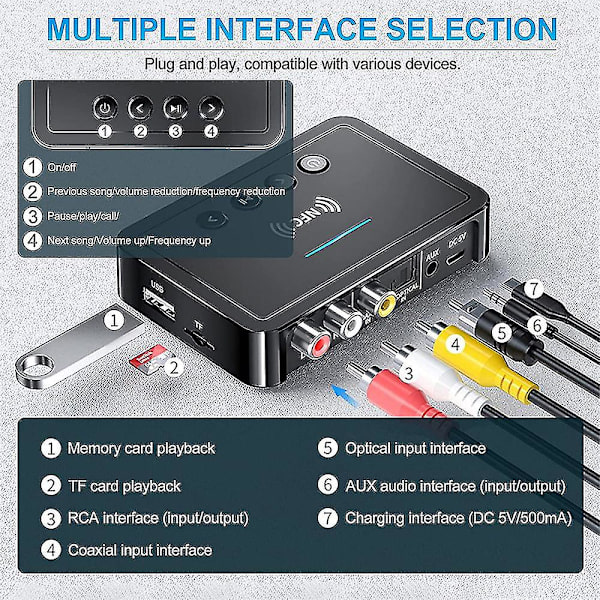 Bluetooth 5.0 mottaker sender FM Stereo AUX 3.5mm Jack RCA trådløs NFC Bluetooth lydadapter for TV PC hodetelefoner