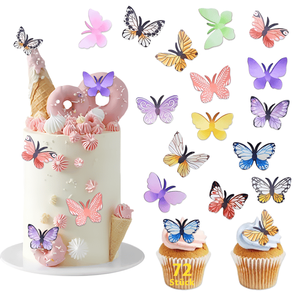 Fjärilsfest Kakepynt, 72 stk Spiselige Sommerfugler Kakepynt, Spiselig Papir Sommerfugl Cupcake Pynt, for Bryllup, Bursdag