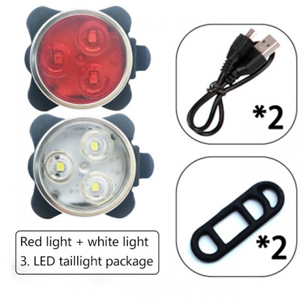 Superlysende vandtæt for- og baglygtesæt til cykler - 4 lystilstande - (2 sorte LED-lygter, 2 USB, 2 stropper)