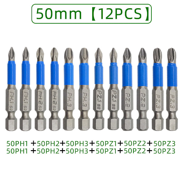 12 kappaleen magneettinen ruuvimeisselin kärkisarja, kuusiovartiset liukuesteiset poranterät PH1, PH2, PH3, PZ1, PZ2, PZ3-50 mm pituus