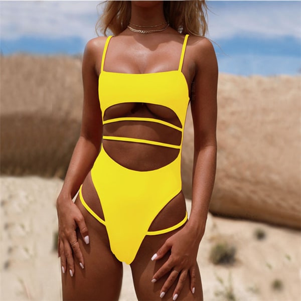 Baddräkt i enfärgad rem för kvinnor, bikini, baddräkt i ett stycke, baddräkt för kvinnor yellow XL