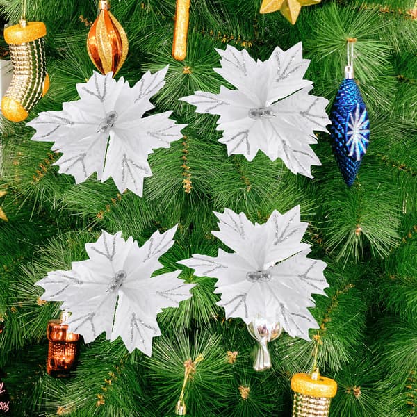 4 stk julepynt til juletreet, kunstige blomsterbuketter med julestjerneblomster