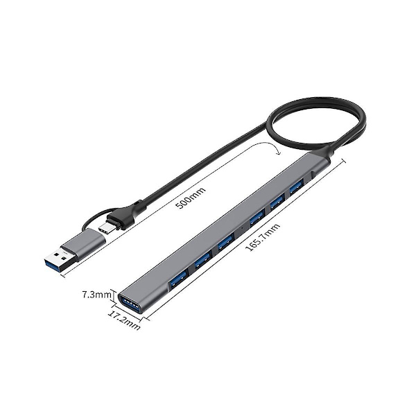 7-portars USB-hubb, tunn och smidig 2-i-1 (USB-C + USB 3.0) till USB 2.0 x 6 + USB 3.0 x 1, 5 Gbps snabb överföring USB3.