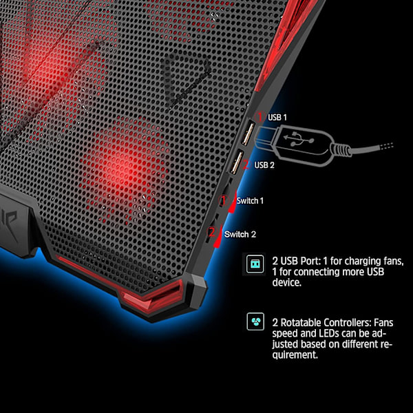 Kantokannettavan jäähdytysalusta, 12\"-17\" kannettavan jäähdytin 5 hiljaisella tuulettimella, punainen LED-valo, pelikäyttöön tarkoitettu kannettava