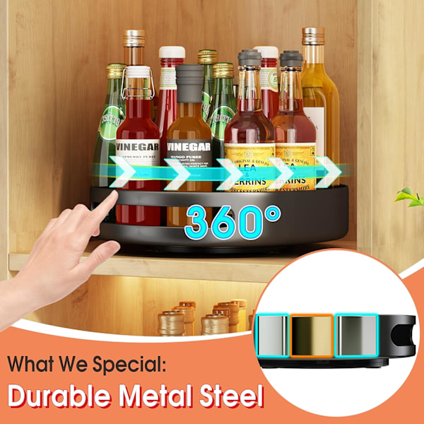Snurrende brett, krydderhylle i metallstål, snurrende krydderhylle for kjøkken, kjøkkenkrydderoppbevaring, skapoppbevaring, 25,4 cm, svart
