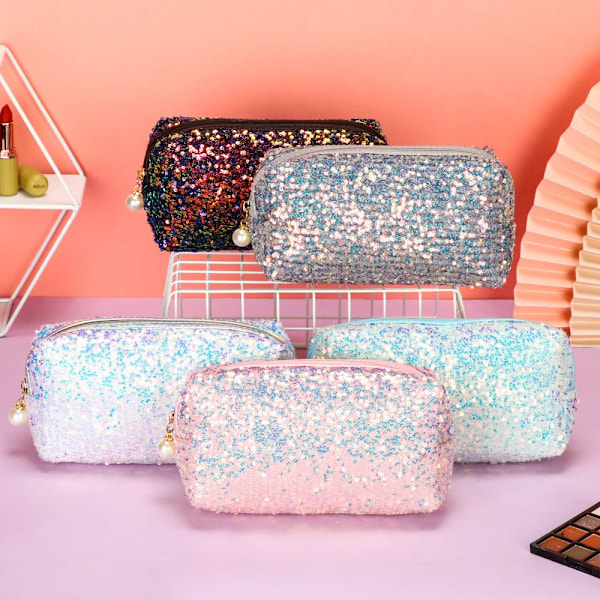 Muoti Glitter Meikkilaukku Suurikokoinen Vetoketjullinen Käsilaukku Blue