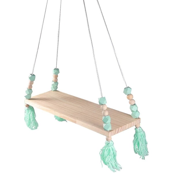 Nordic Wood Wall Shelves Organizer With Cyan Beads And Tassel Wood Hangers Kids Decoration