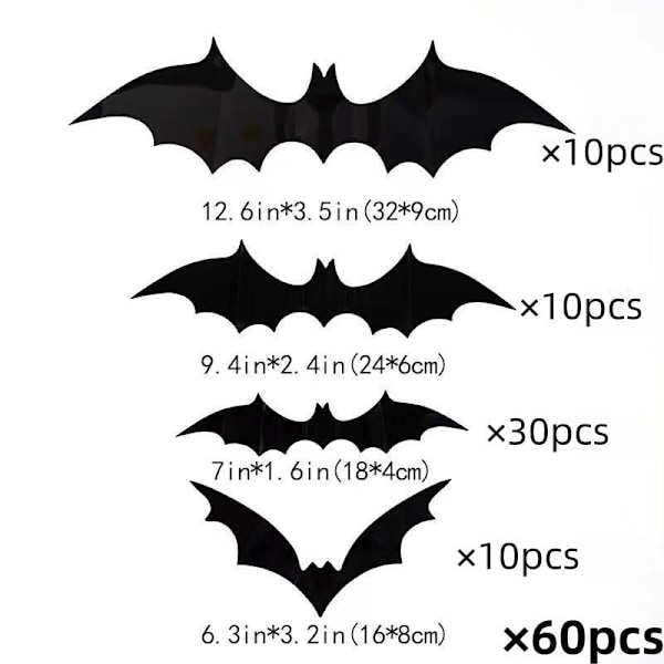 60 st Bats Väggdekor, 3D Bat Halloween Dekoration Dekaler, Hem Rum Dekor, Svart Läskig Bat Dekal för Restaurang