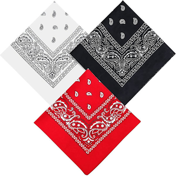 Sæt med 3 bandana-hovedtørklæder, kvinder og mænd, røde, hvide, sorte håndklæder bandana