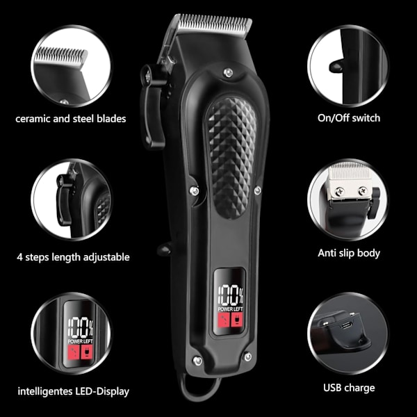 Professionell hårklippare hårtrimmer män skäggtrimmer långhårstrimmer USB uppladdningsbar LED-display