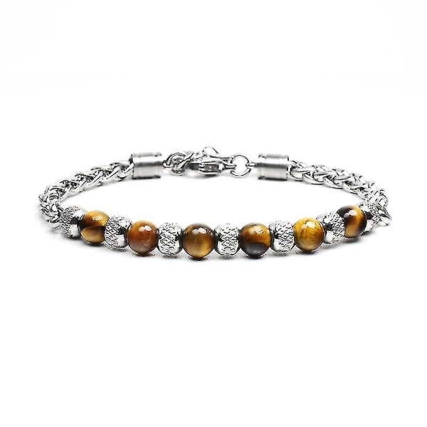 Tiger Eye Bead Bracelet Adjustable Stainless Steel Metal Chainbrown