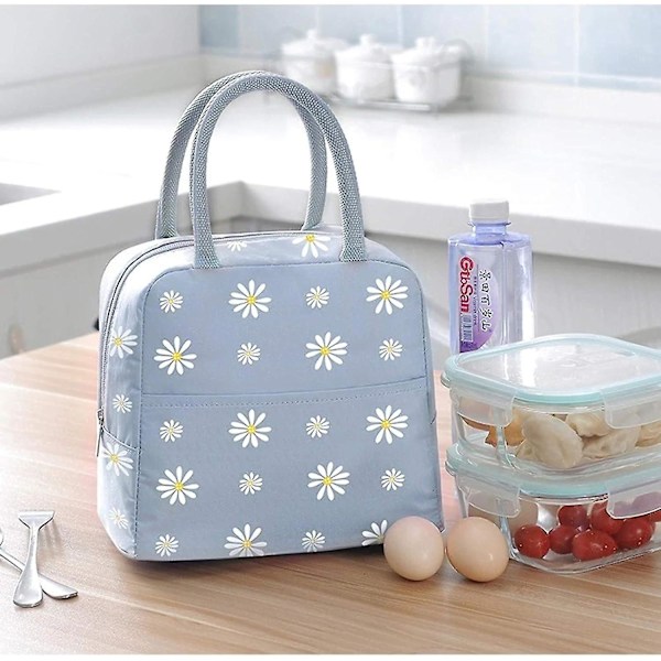 Isoleret frokostpose, bærbar termisk frokostpose køletaske Daisy mønster frokostboks arrangør tote taske arbejde skole picnic camping rejse (grå blå)