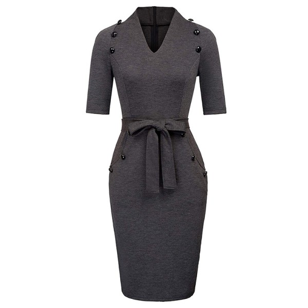 Kortärmad Bodycon-klänning för kvinnor med bälte Business Cocktail Funeral Pencil-klänning med fäste gray M