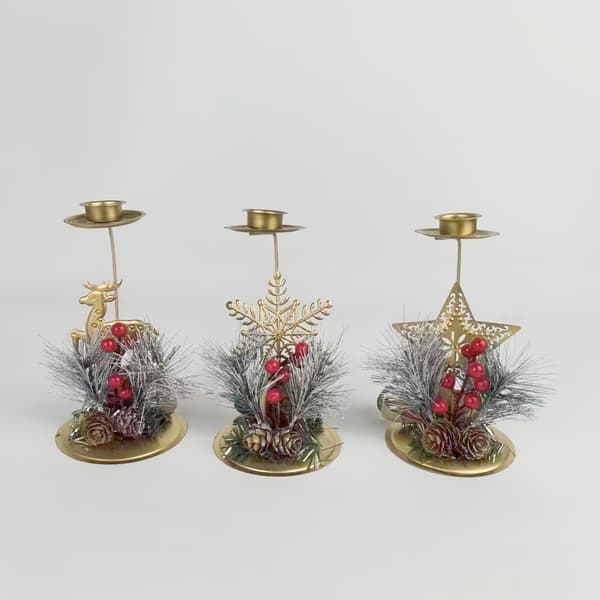 3-pack Gyllene Julgran Ljusstake, Julpelarljusstake, Metall Julgran Ljusstake