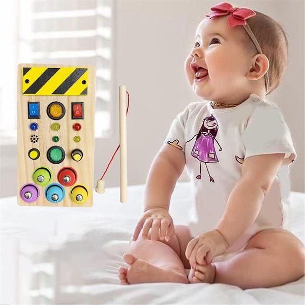 Fiskeri Baby Træ Busy Board Med Led Lys Sensoriske Læring Legetøj Til Småbørn 1-3y Toggle Swi