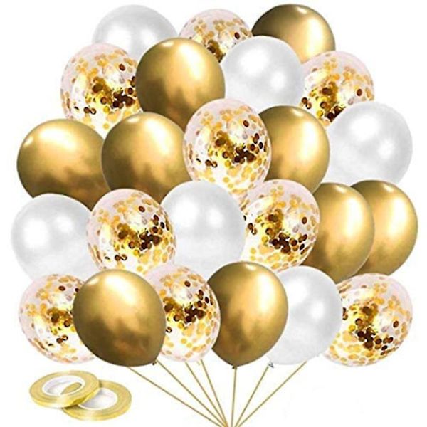 Gull bursdagsbong, 60 stykker gullkonfetti heliumballonger, hvit gullballong, metallisk ballong