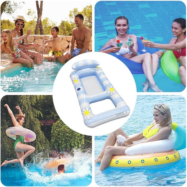 Oppustelig pool-flydestol med nakkestøtte, netoverflade, foldbar vand-lounger til pool, sø, hav og camping, blå, 154x82 cm