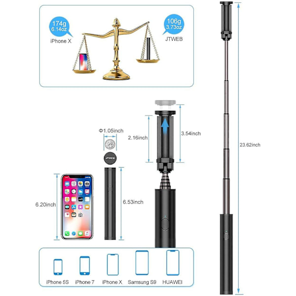 Profesjonell Selfiestang Bluetooth, All In One Utvidbar Stabil Selfiestang