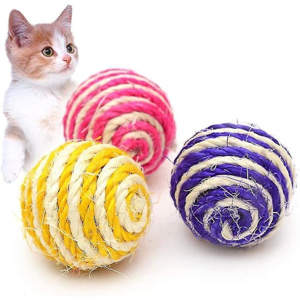 3 kpl hauskoja kissan lelupalloja, äänipalloja, luonnon sisalpallo, lemmikkikissa nappaa pallon, satunnainen väri
