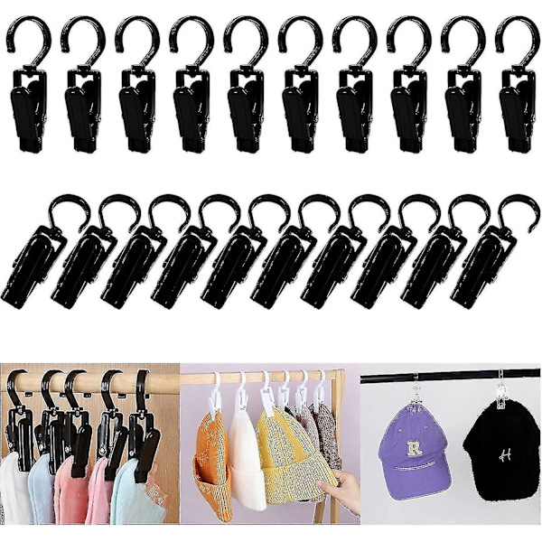 20 Pcs Super Strong Plastic Home Travel Swivel Hanging Laundry Hooks Clip - 4.3 Inches (black)