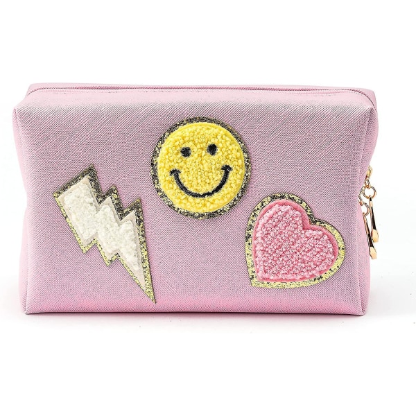 Preppy Patch Small Toiletry Bag Smile Lightning Heart Pu Leather Portable Waterproof Makeup Cosmetic Bag Daily Use Storage Purse Travel Organizer Comp