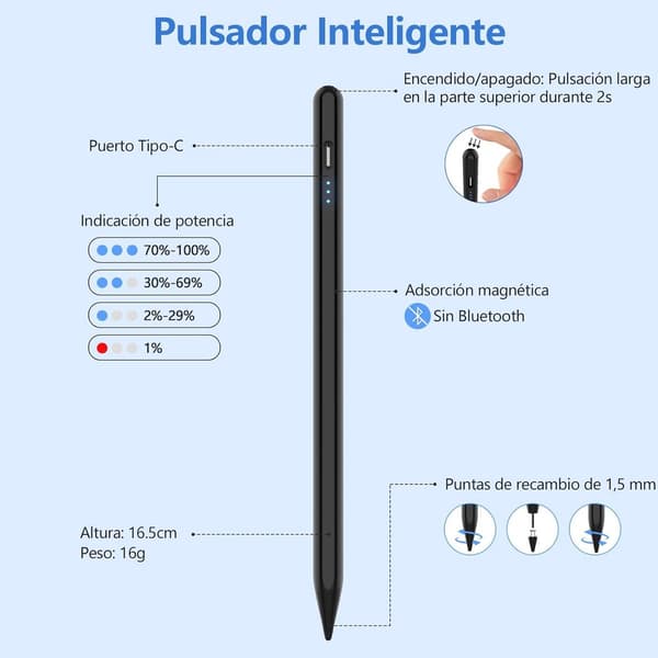 Universal Kapacitiv Stylus Pen, 1,2 mm Højpræcisionsspids, 15-minutters Opladning, Til Android Tablets Og Smartphones, Sort